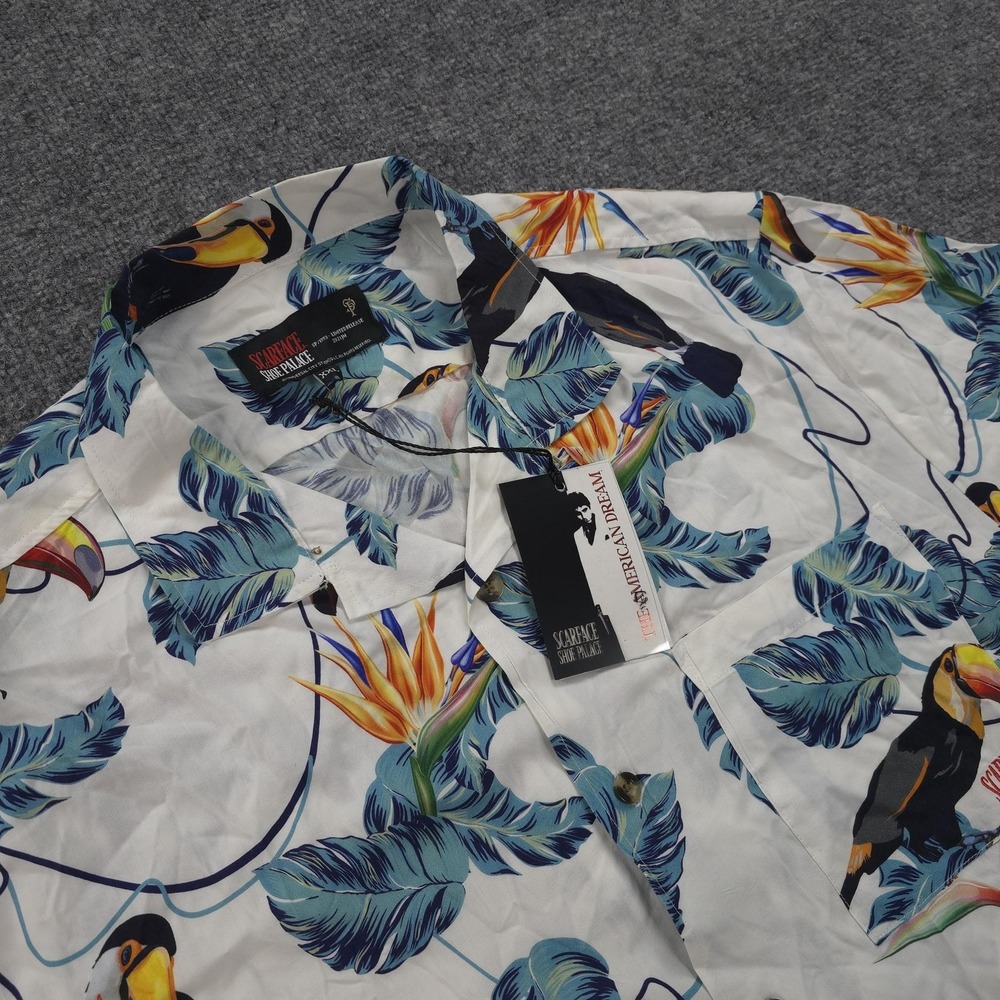 Scarface Shoe Palace Shirt Mens 2XL White Tropical Toucan Hawaiian Button Up NEW